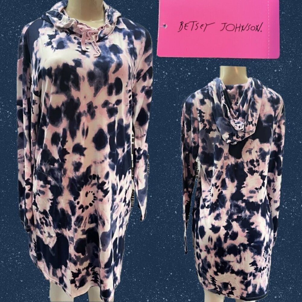 Betsey Johnson M Blue-Pink Tie-Dye Side Pockets Long Sleeve Lounge Hoodie Dress